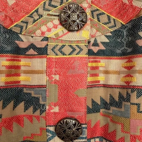 Chico's Southwestern Tapestry Button Front Jacket Womens Size 1 M Red Silk Blend - Picture 5 of 9